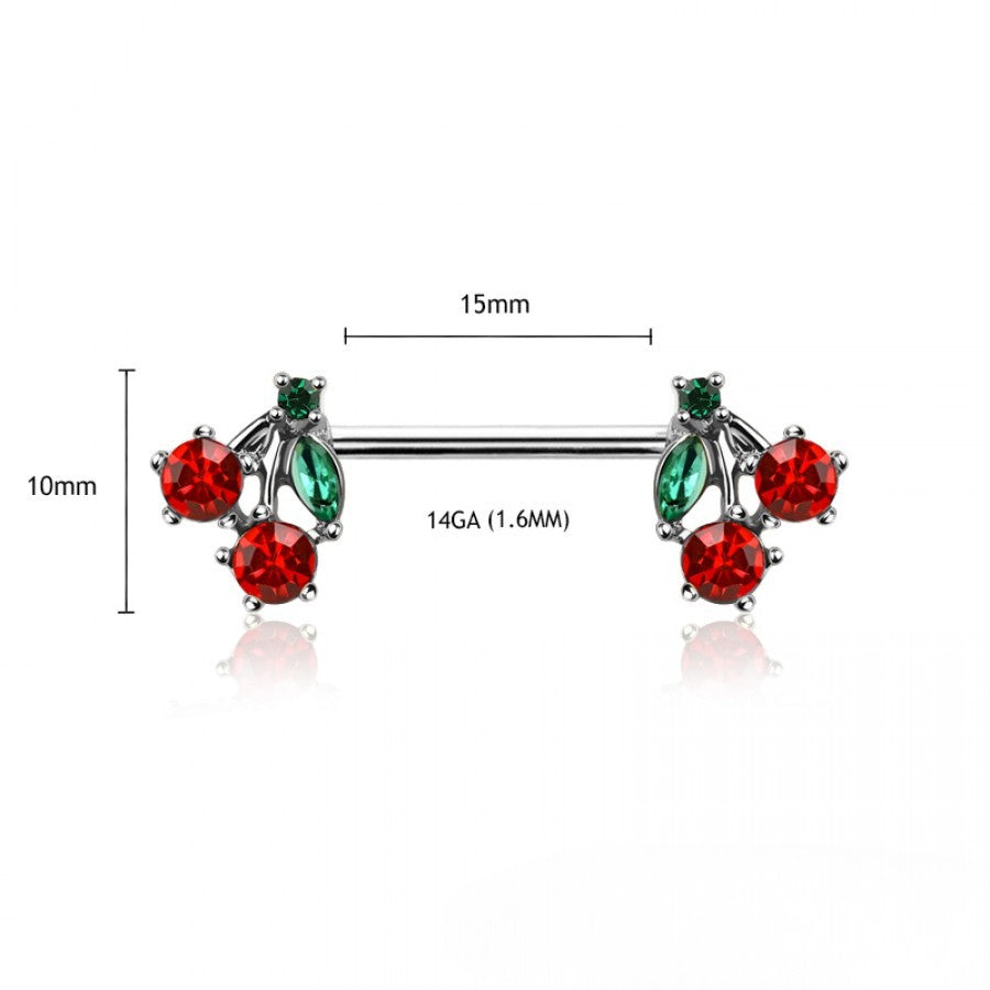 SILVER CUTE CRYSTAL CHERRY NIPPLE BAR - 14 GAUGE - 14MM