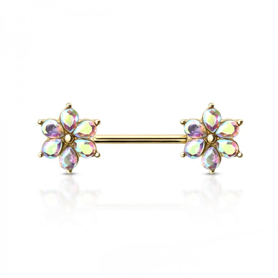 AURORA CRYSTAL FLOWER GOLD NIPPLE BAR - 14 GAUGE -14MM
