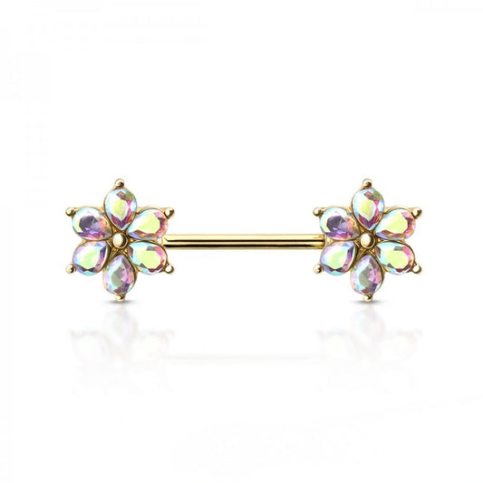 AURORA CRYSTAL FLOWER GOLD NIPPLE BAR - 14 GAUGE -14MM