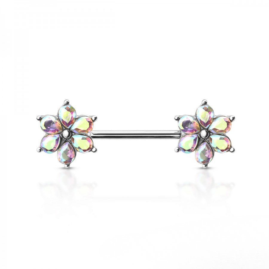 AURORA CRYSTAL FLOWER SILVER NIPPLE BAR - 14 GAUGE -14MM