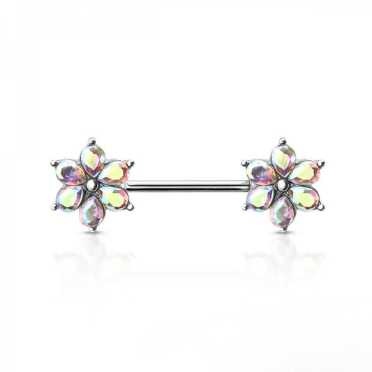 AURORA CRYSTAL FLOWER SILVER NIPPLE BAR - 14 GAUGE -14MM