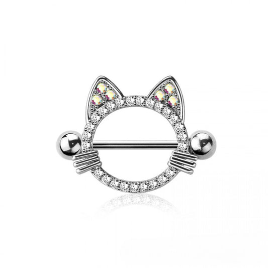 AURORA CRYSTAL KITTY CAT EAR NIPPLE BAR - 14 GAUGE -14MM