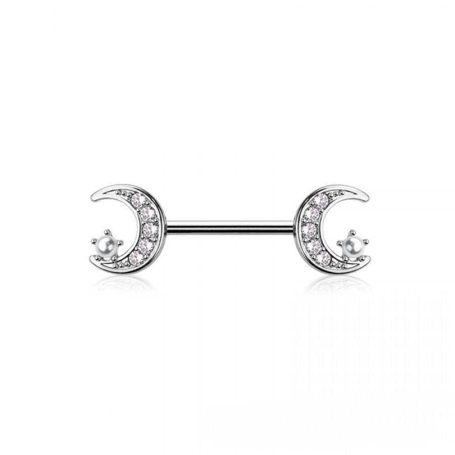 SILVER CRYSTAL & MINI PEARL MOON & STAR NIPPLE BAR - 14 GAUGE - 14MM