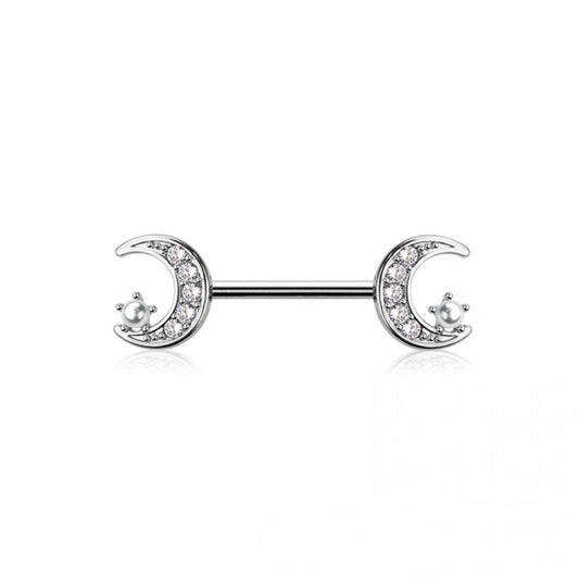 SILVER CRYSTAL & MINI PEARL MOON & STAR NIPPLE BAR - 14 GAUGE - 14MM