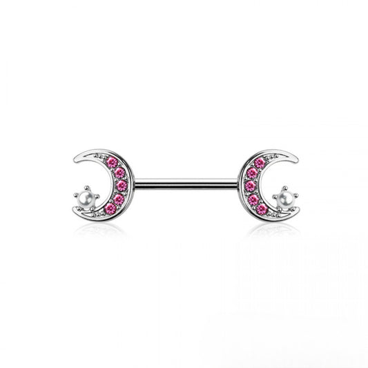 SILVER & PINK CRYSTAL & MINI PEARL MOON & STAR NIPPLE BAR - 14 GAUGE - 14MM