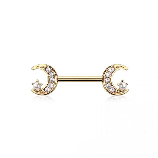 GOLD CRYSTAL & MINI PEARL MOON & STAR NIPPLE BAR - 14 GAUGE - 14MM