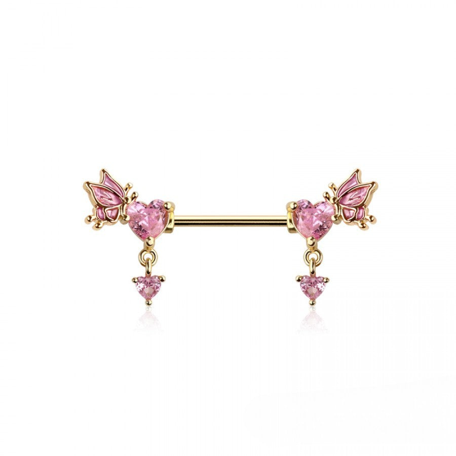 GOLD & PINK LOVE HEART & BUTTERFLY CHARM NIPPLE BAR - 14 GAUGE - 14MM