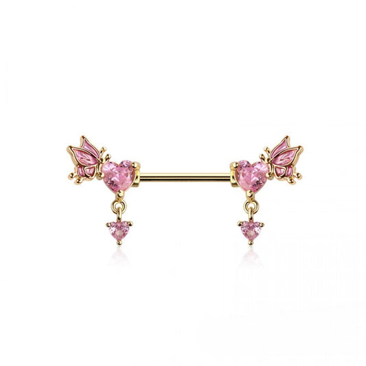 GOLD & PINK LOVE HEART & BUTTERFLY CHARM NIPPLE BAR - 14 GAUGE - 14MM