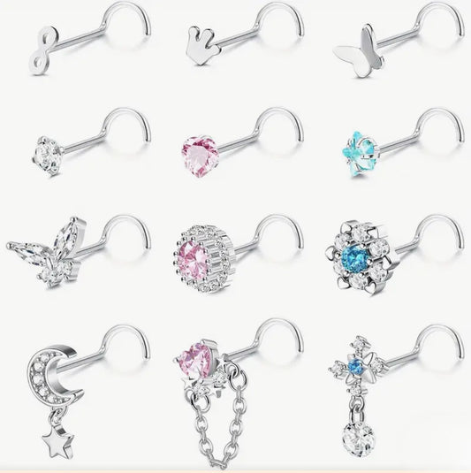 12 PACK OF DANGLY CHARM & CRYSTAL SCREW NOSE STUDS - 20 GAUGE