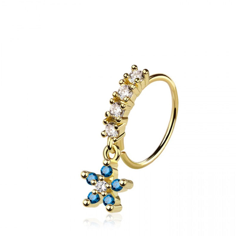 CRYSTAL BLUE MINI FLOWER CHARM BENDABLE NOSE RING HOOP - 20 GAUGE - 8MM