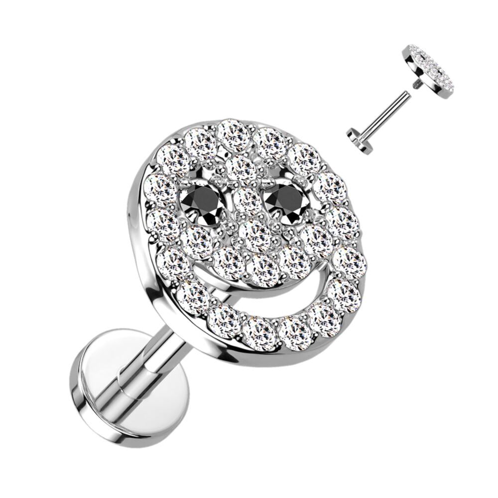 SMILEY FACE CRYSTAL FLAT BACK LABRET - 6MM - 16 GAUGE - SS