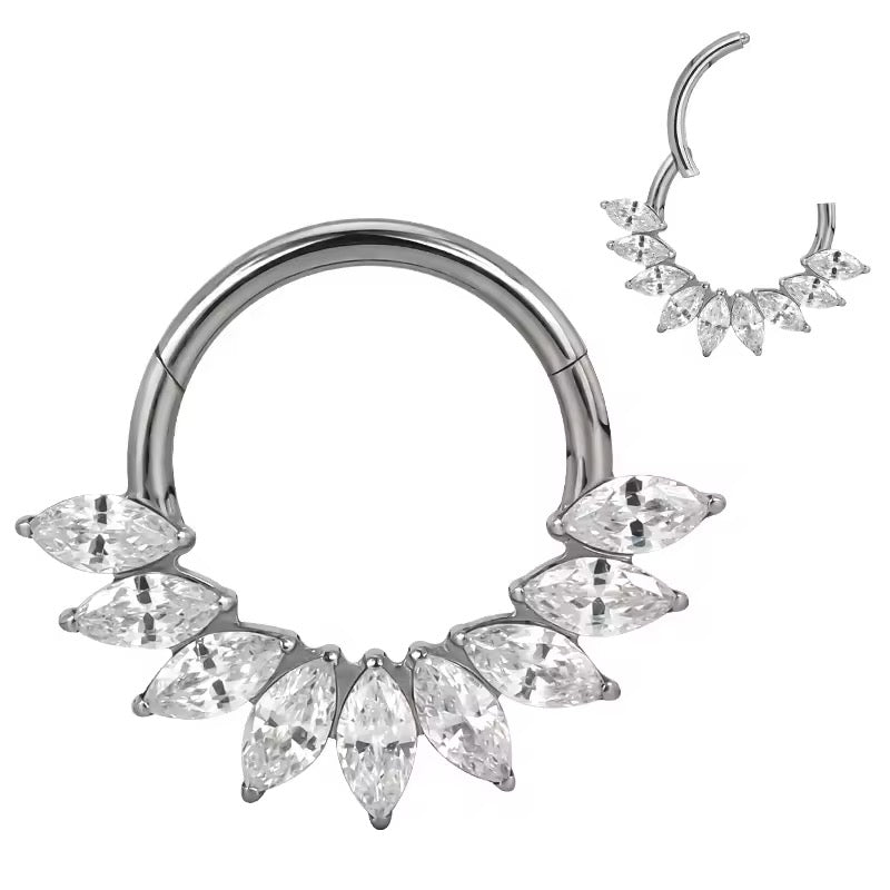 TITANIUM MARQUISE CRYSTAL HINGE CLOSE FASTENING CLICKER HOOP - 10MM - 16 GAUGE