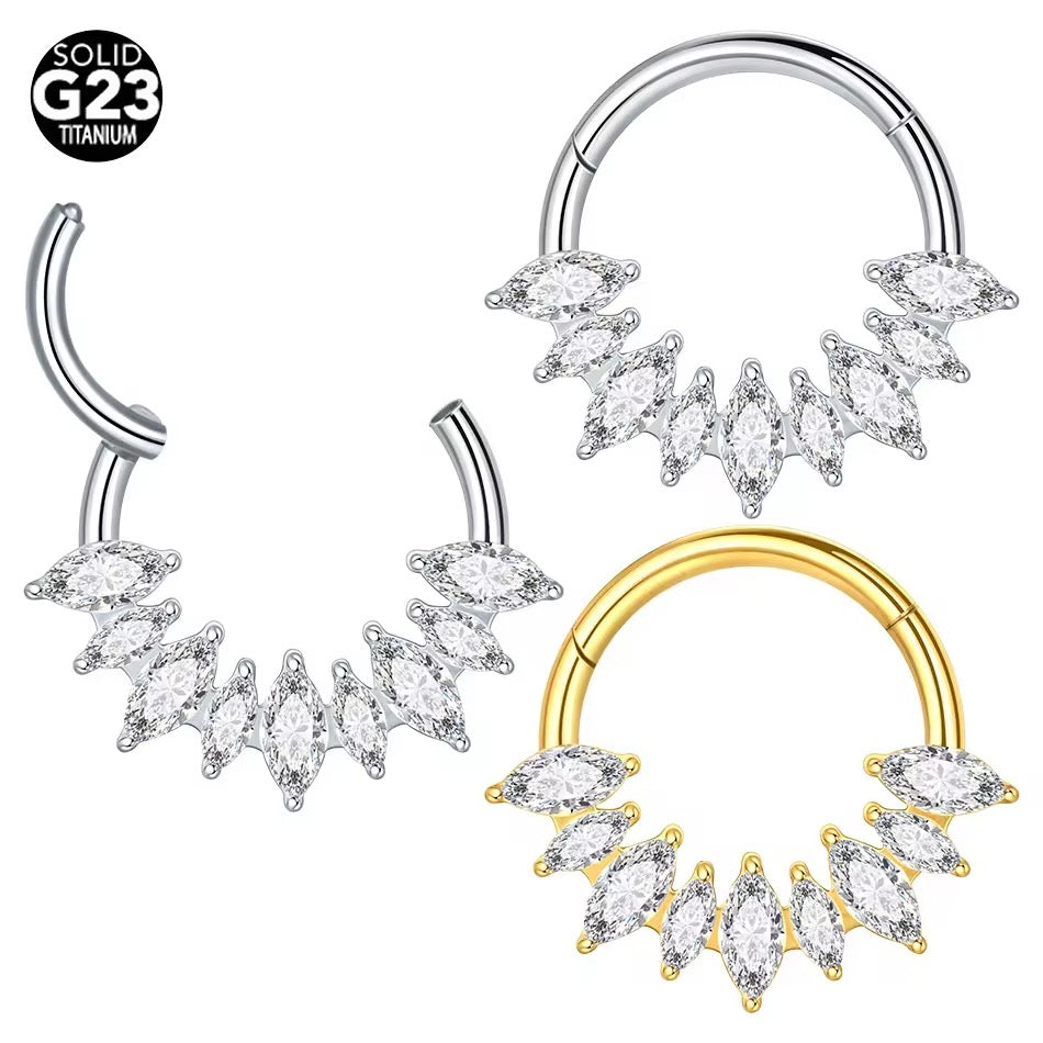 TITANIUM MARQUISE CRYSTAL HINGE CLOSE FASTENING CLICKER HOOP - 10MM - 16 GAUGE