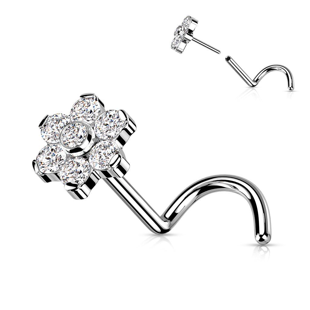 TITANIUM CRYSTAL FLOWER SCREW NOSE STUD - 20 GAUGE - 6MM
