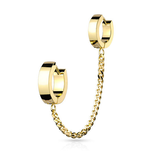 GOLD CHUNKY DOUBLE HOOP EARRINGS WITH CHAIN CHARM CONNECTOR - 18 GAUGE