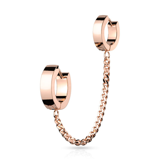 ROSE GOLD CHUNKY DOUBLE HOOP EARRINGS WITH CHAIN CHARM CONNECTOR - 18 GAUGE