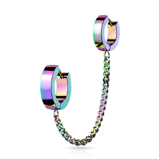 RAINBOW CHUNKY DOUBLE HOOP EARRINGS WITH CHAIN CHARM CONNECTOR - 18 GAUGE