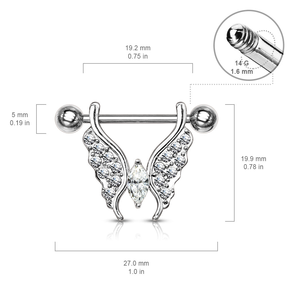 AURORA CRYSTAL BUTTERFLY NIPPLE BAR -14MM