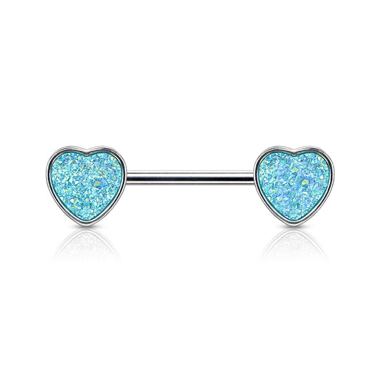 AQUA BLUE DRUZY LOVE HEART NIPPLE BAR - 14 GAUGE - 14MM