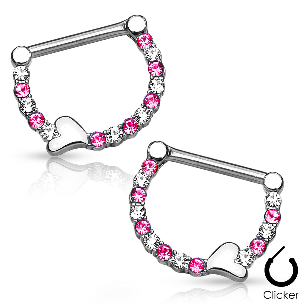 SILVER & PINK CRYSTAL JEWELLED CLICKER NIPPLE RING WITH DAINTY LOVE HEART DESIGN - 14 GAUGE - 12MM