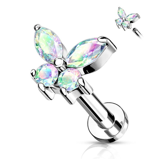 AURORA CRYSTAL DAINTY BUTTERFLY FLAT BACK LABRET STUD - 16 GAUGE - 6MM