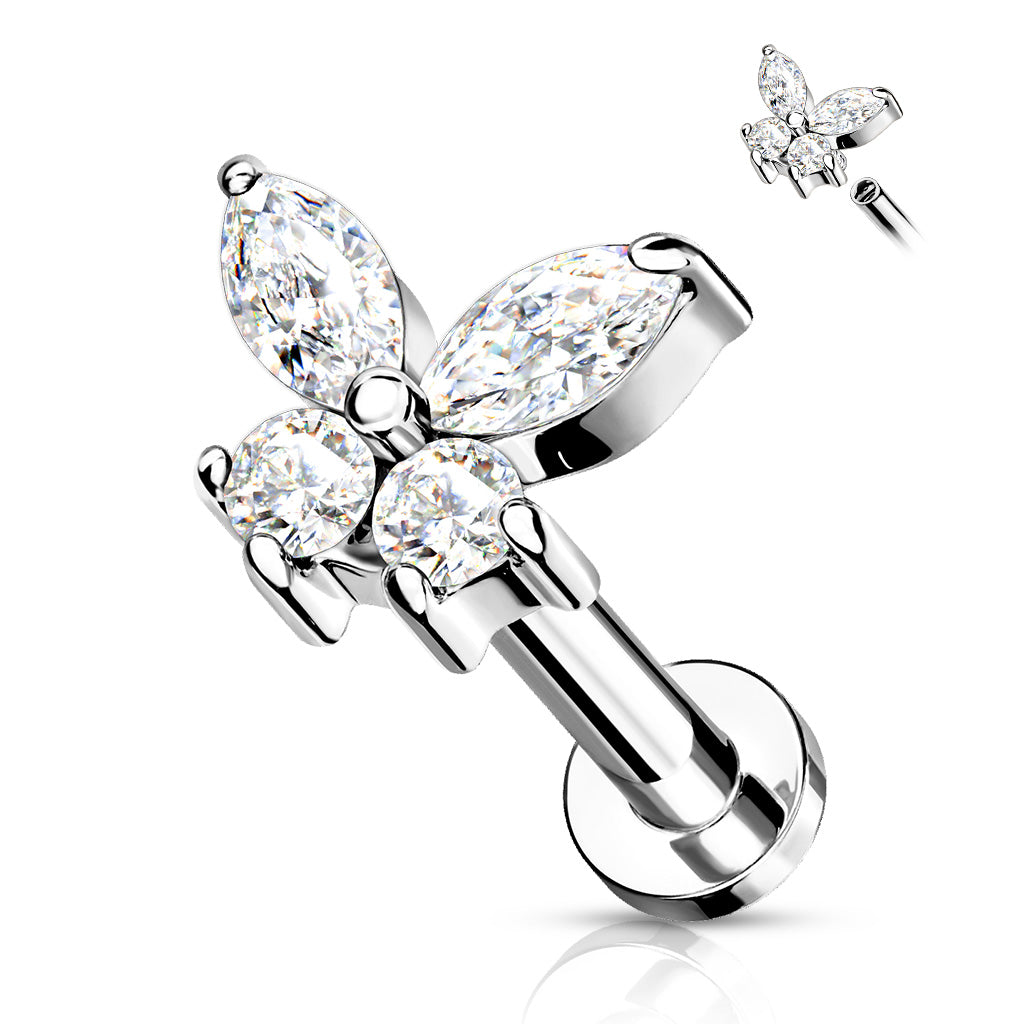 SILVER CRYSTAL DAINTY BUTTERFLY FLAT BACK LABRET STUD - 16 GAUGE - 6MM