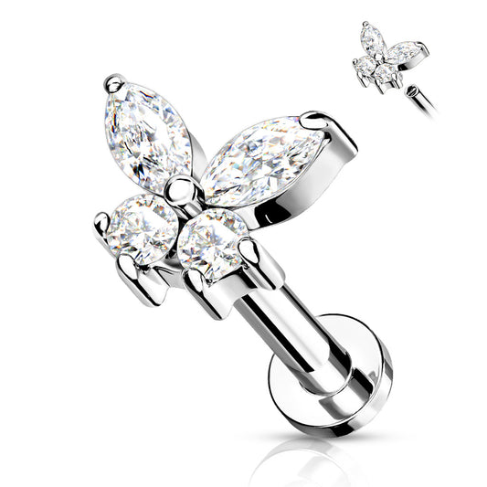 SILVER CRYSTAL DAINTY BUTTERFLY FLAT BACK LABRET STUD - 16 GAUGE - 6MM