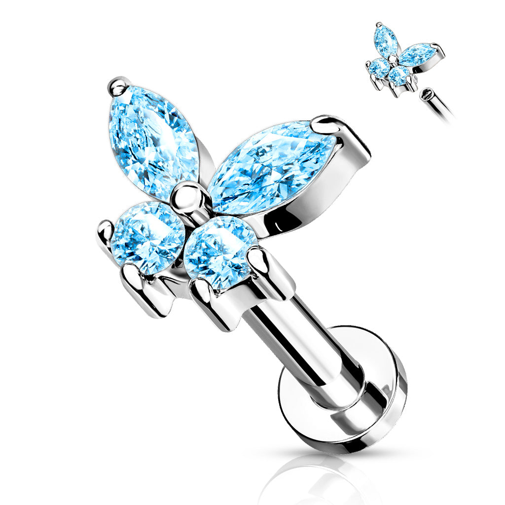 AQUA BLUE CRYSTAL DAINTY BUTTERFLY FLAT BACK LABRET STUD - 16 GAUGE - 6MM
