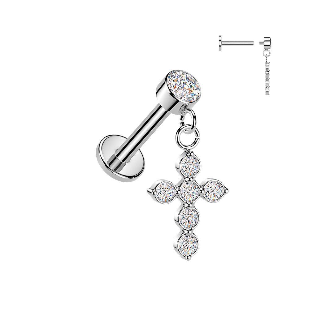CRYSTAL CROSS CHARM FLAT BACK LABRET STUD - 16 GAUGE / 1.2MM - 6MM