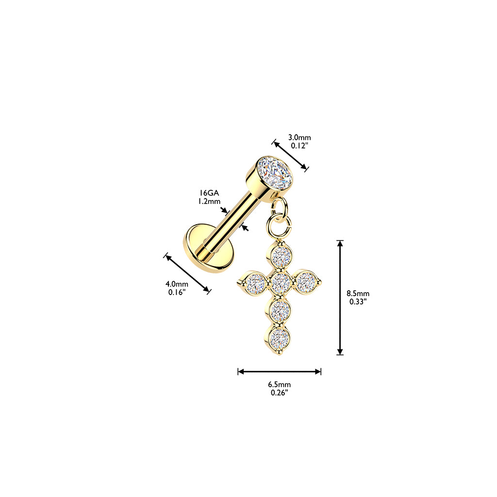 CRYSTAL CROSS CHARM FLAT BACK LABRET STUD - 16 GAUGE / 1.2MM - 6MM