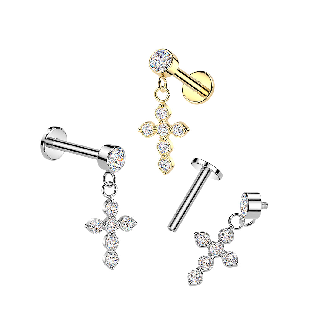 CRYSTAL CROSS CHARM FLAT BACK LABRET STUD - 16 GAUGE / 1.2MM - 6MM
