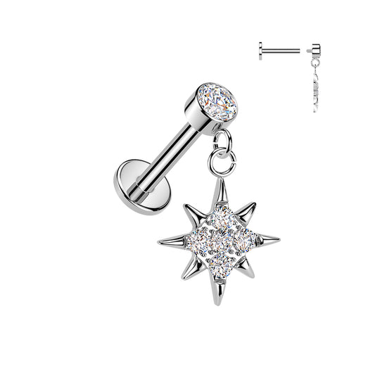 CRYSTAL NORTHERN STAR CHARM FLAT BACK LABRET STUD - 16 GAUGE / 1.2MM - 6MM