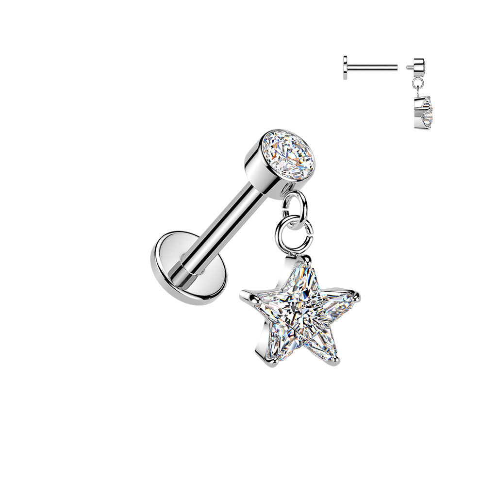 CRYSTAL STAR CHARM FLAT BACK LABRET STUD - 16 GAUGE / 1.2MM - 6MM
