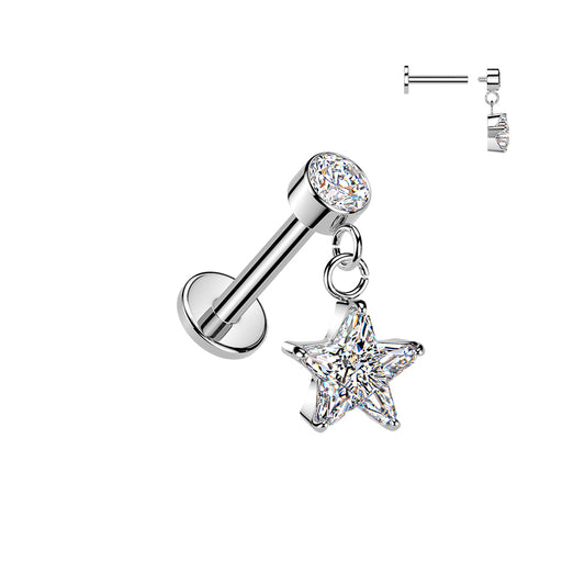CRYSTAL STAR CHARM FLAT BACK LABRET STUD - 16 GAUGE / 1.2MM - 6MM