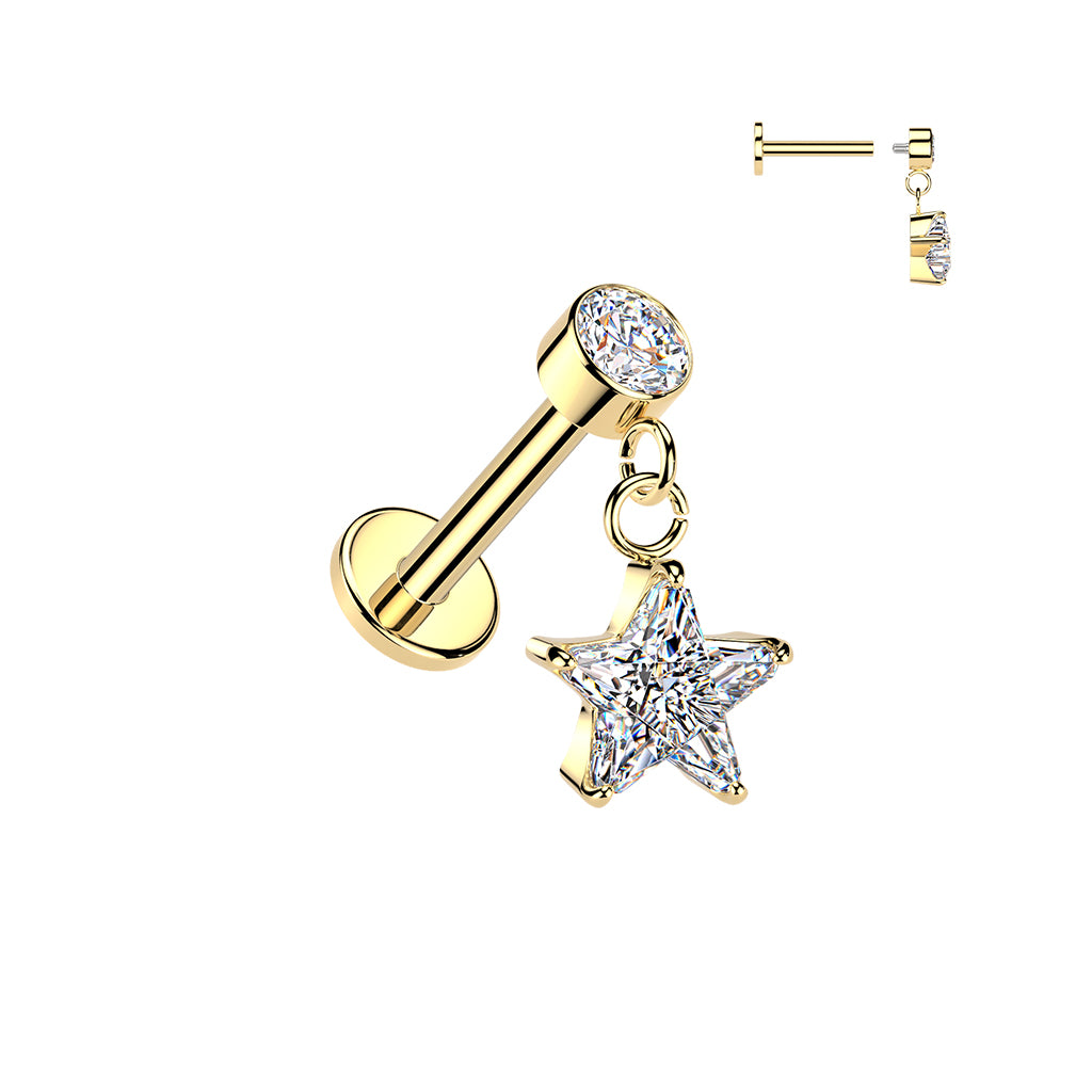 CRYSTAL STAR CHARM FLAT BACK LABRET STUD - 16 GAUGE / 1.2MM - 6MM