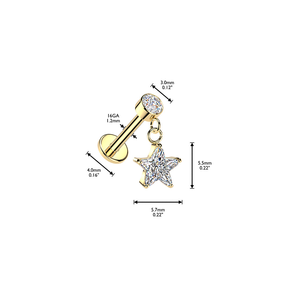 CRYSTAL STAR CHARM FLAT BACK LABRET STUD - 16 GAUGE / 1.2MM - 6MM