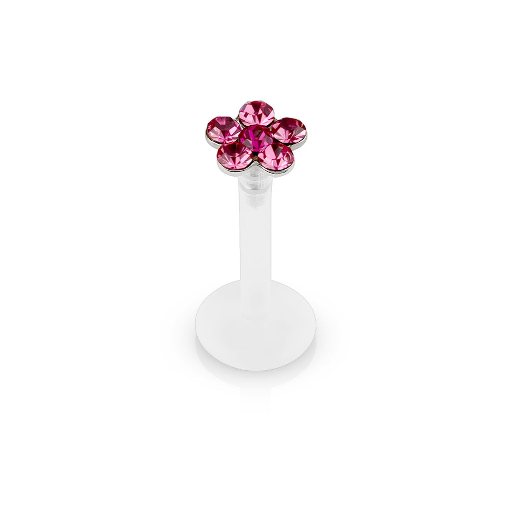 PINK CRYSTAL FLOWER BIOFLEX FLAT BACK LABRET - 8MM - 16 GAUGE