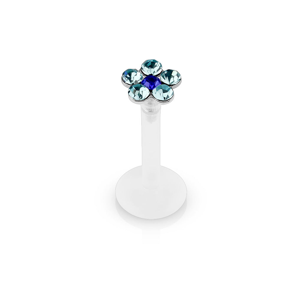 BLUE CRYSTAL FLOWER BIOFLEX FLAT BACK LABRET - 8MM - 16 GAUGE