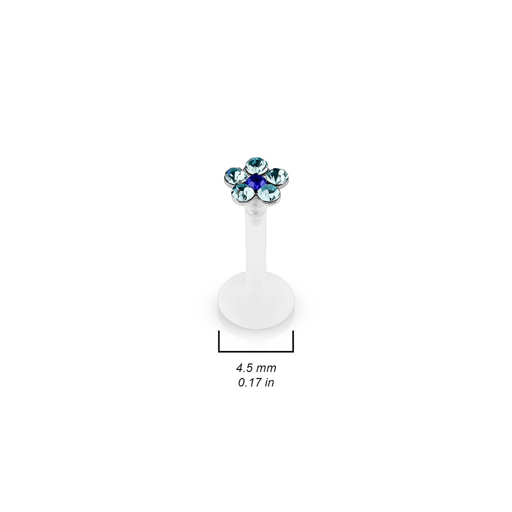 BLUE CRYSTAL FLOWER BIOFLEX FLAT BACK LABRET - 8MM - 16 GAUGE