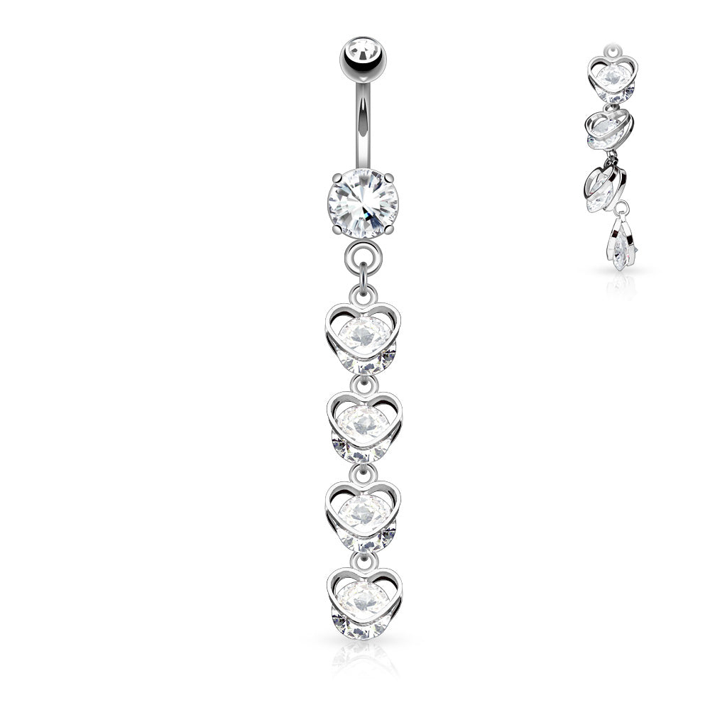 SILVER LOVE HEART ULTRA CRYSTAL CHARM BELLY BAR - 14 GAUGE - 10MM