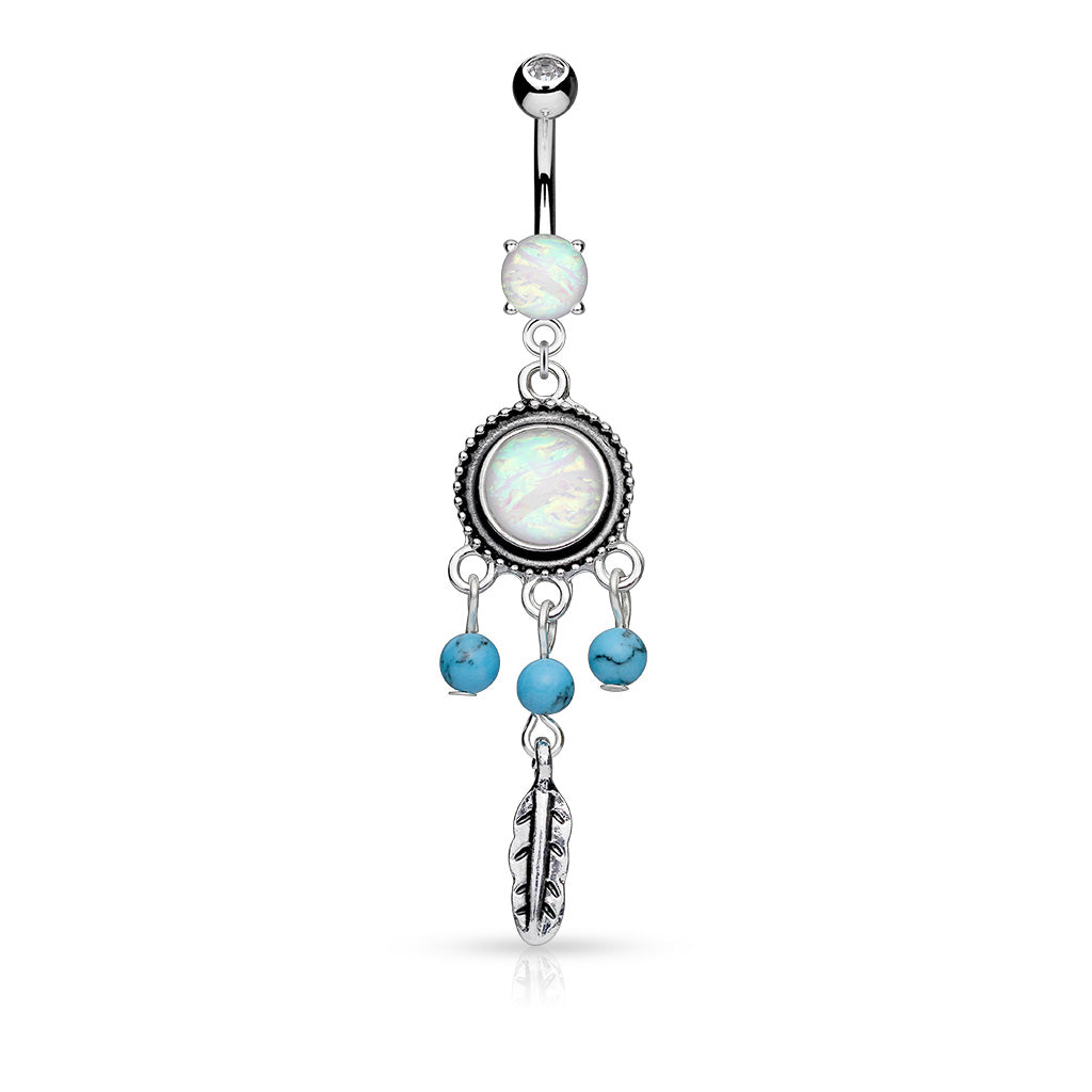 OPAL CENTRE DREAMCATCHER BELLY BARBELL WITH TURQUOISE BEADS & FEATHER CHARM - 10MM - 14 GAUGE