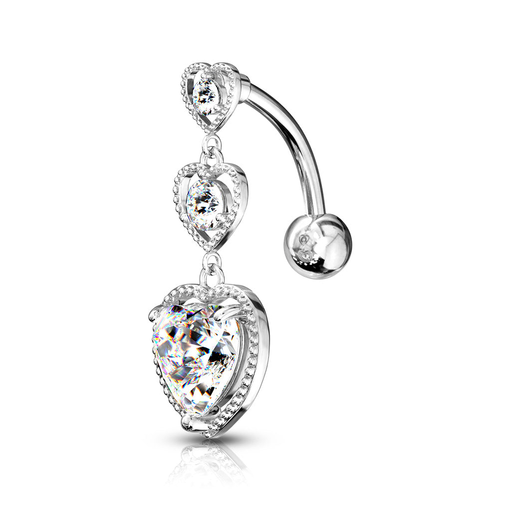 TRIPLE HEART REVERSE  CHARM BELLY BAR - 10MM - 14 GAUGE