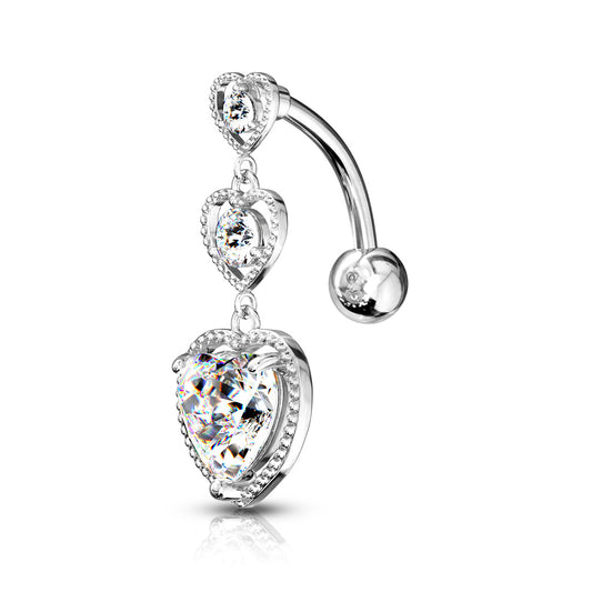 TRIPLE HEART REVERSE  CHARM BELLY BAR - 10MM - 14 GAUGE