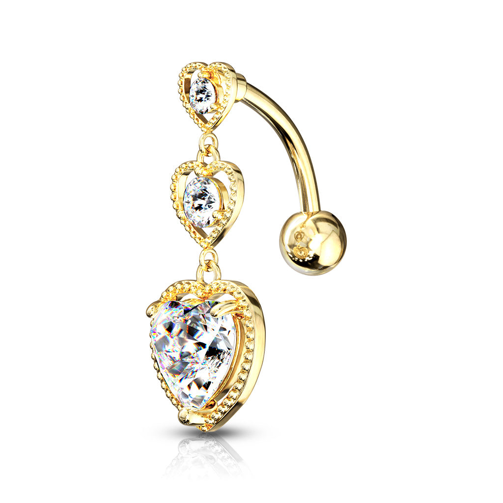 TRIPLE HEART REVERSE  CHARM BELLY BAR - 10MM - 14 GAUGE