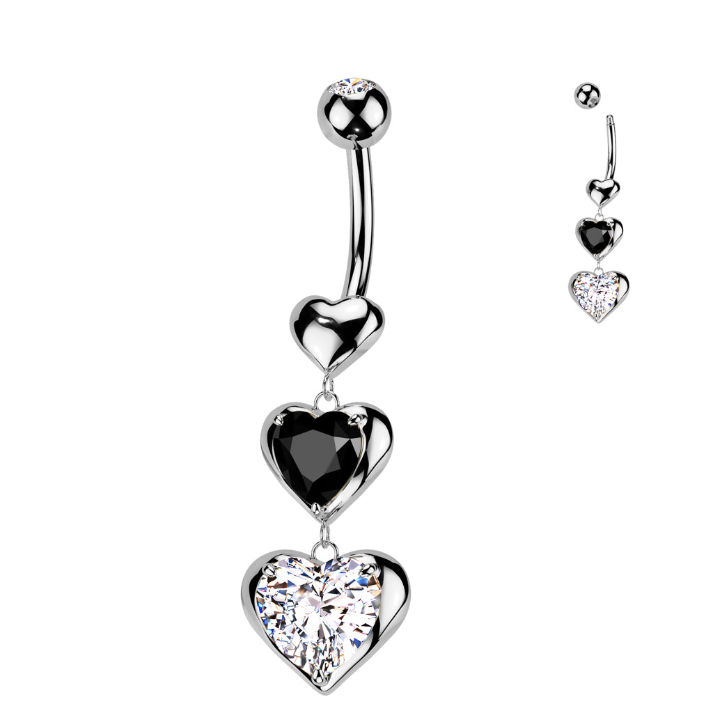 TRAILING LOVE HEART CHARM BELLY BAR WITH BLACK & SILVER CRYSTAL - 10MM - 14 GAUGE