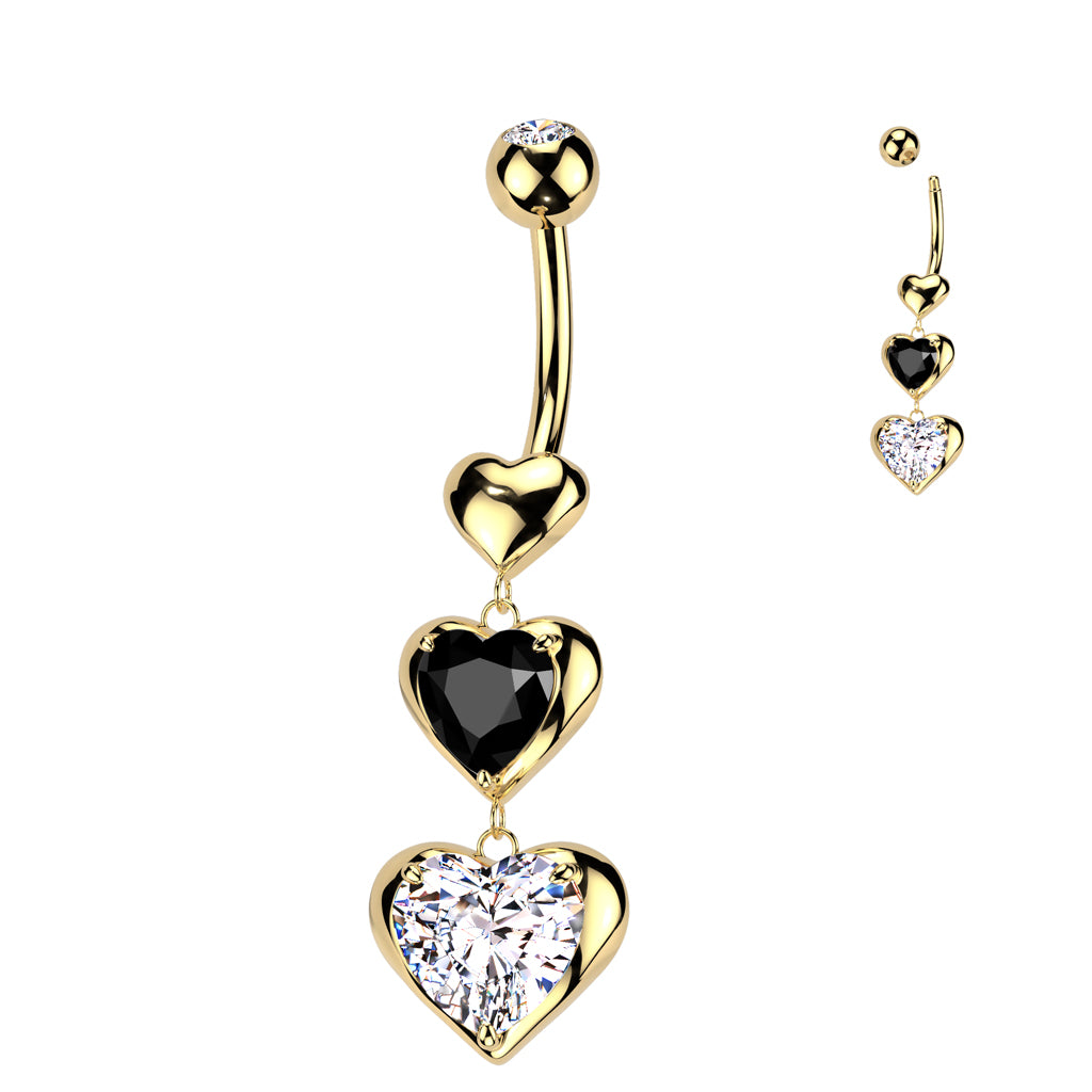 GOLD TRAILING LOVE HEART CHARM BELLY BAR WITH BLACK & SILVER CRYSTAL - 10MM - 14 GAUGE