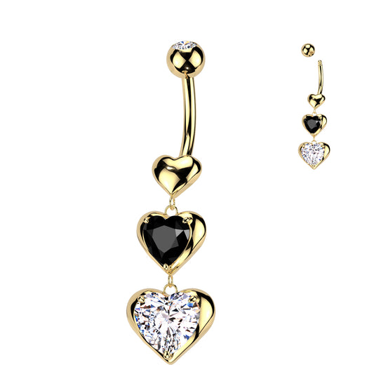 GOLD TRAILING LOVE HEART CHARM BELLY BAR WITH BLACK & SILVER CRYSTAL - 10MM - 14 GAUGE