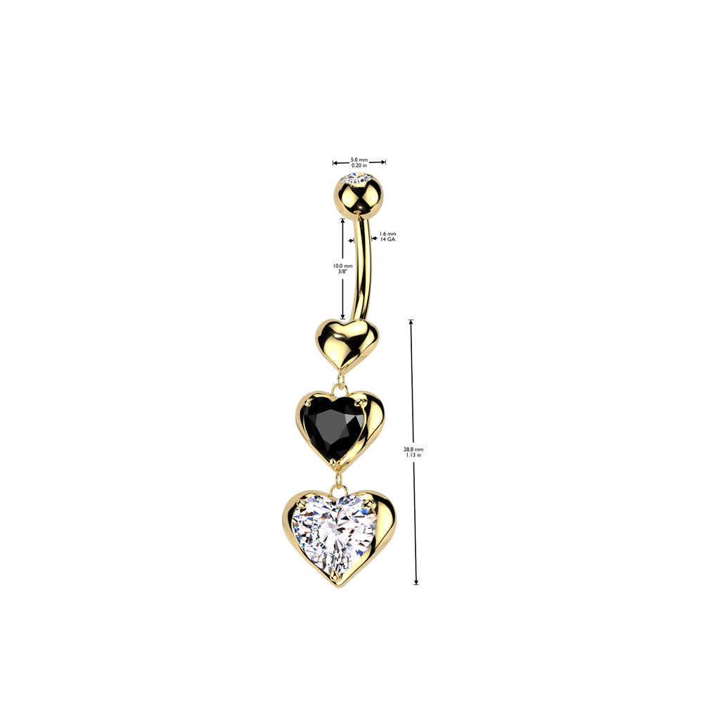 GOLD TRAILING LOVE HEART CHARM BELLY BAR WITH BLACK & SILVER CRYSTAL - 10MM - 14 GAUGE
