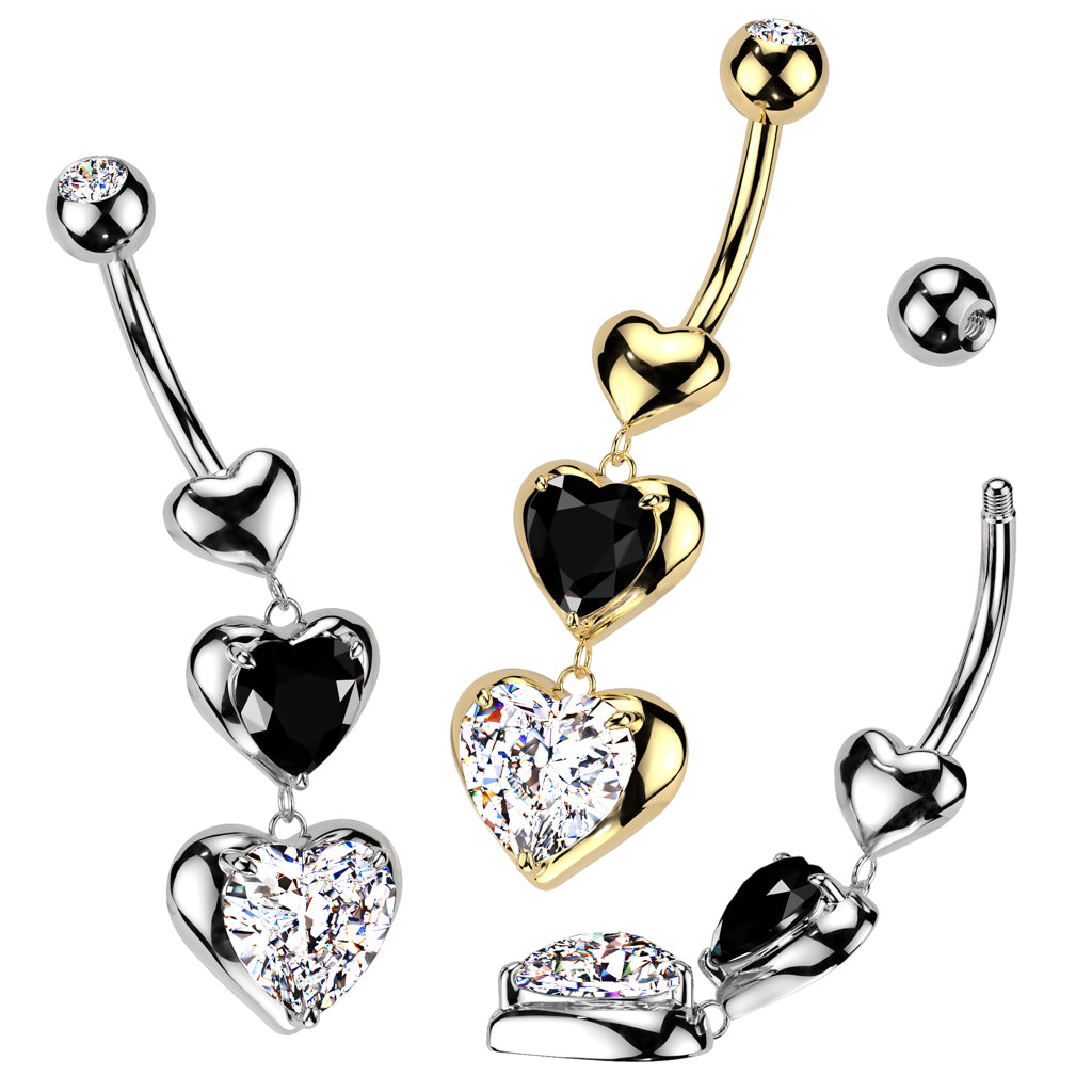 TRAILING LOVE HEART CHARM BELLY BAR WITH BLACK & SILVER CRYSTAL - 10MM - 14 GAUGE