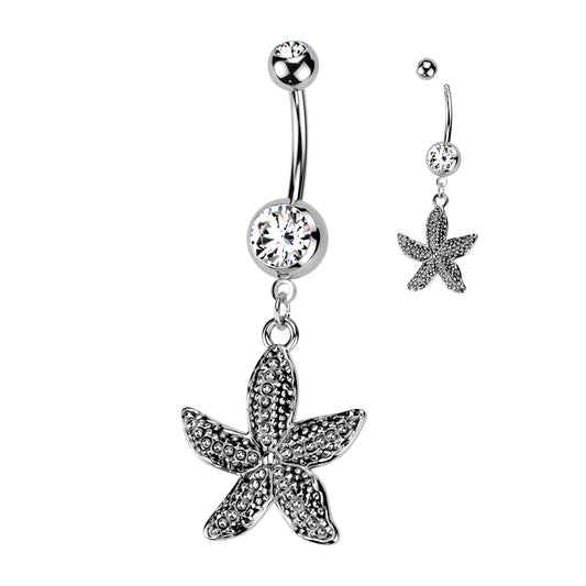 CRYSTAL STAR FISH DANGLY CHARM BELLY BAR - 10MM - 14 GAUGE